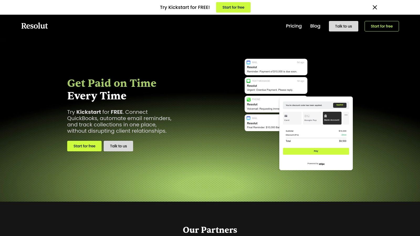 A screenshot of the Resolut platform dashboard showing key accounts receivable metrics like DSO, outstanding receivables, and cash collected.