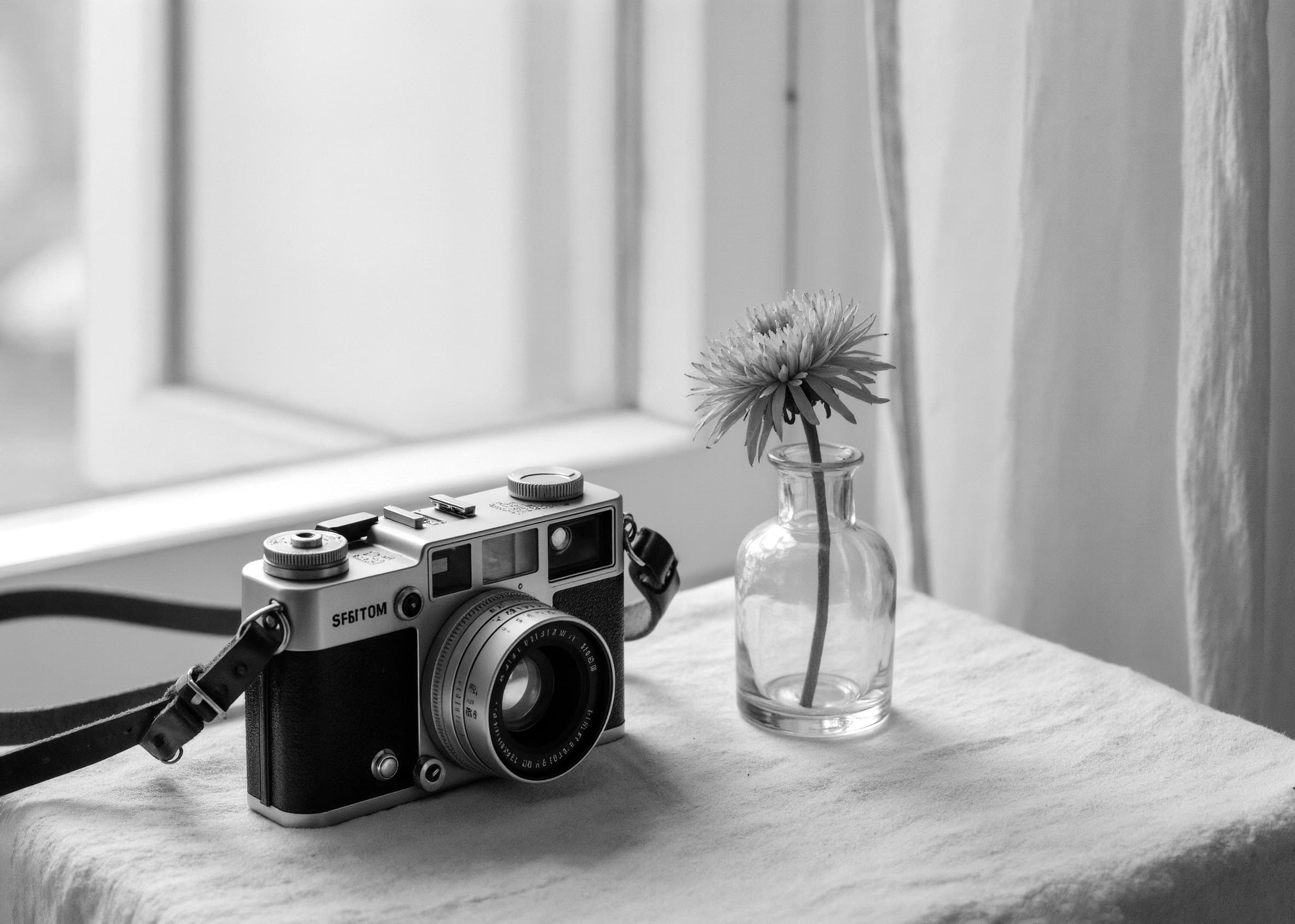 Black and white flat lay of film camera and glass vase with wildflower on draped table