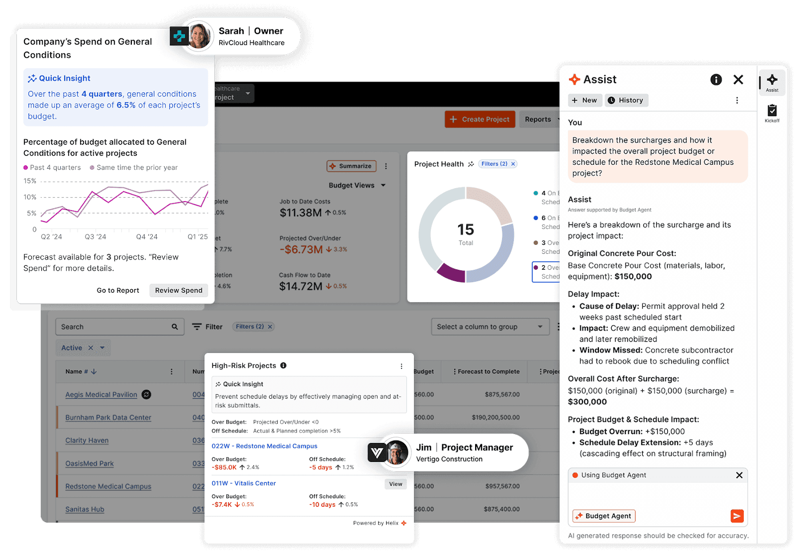 Procore project management dashboard displaying budget insights