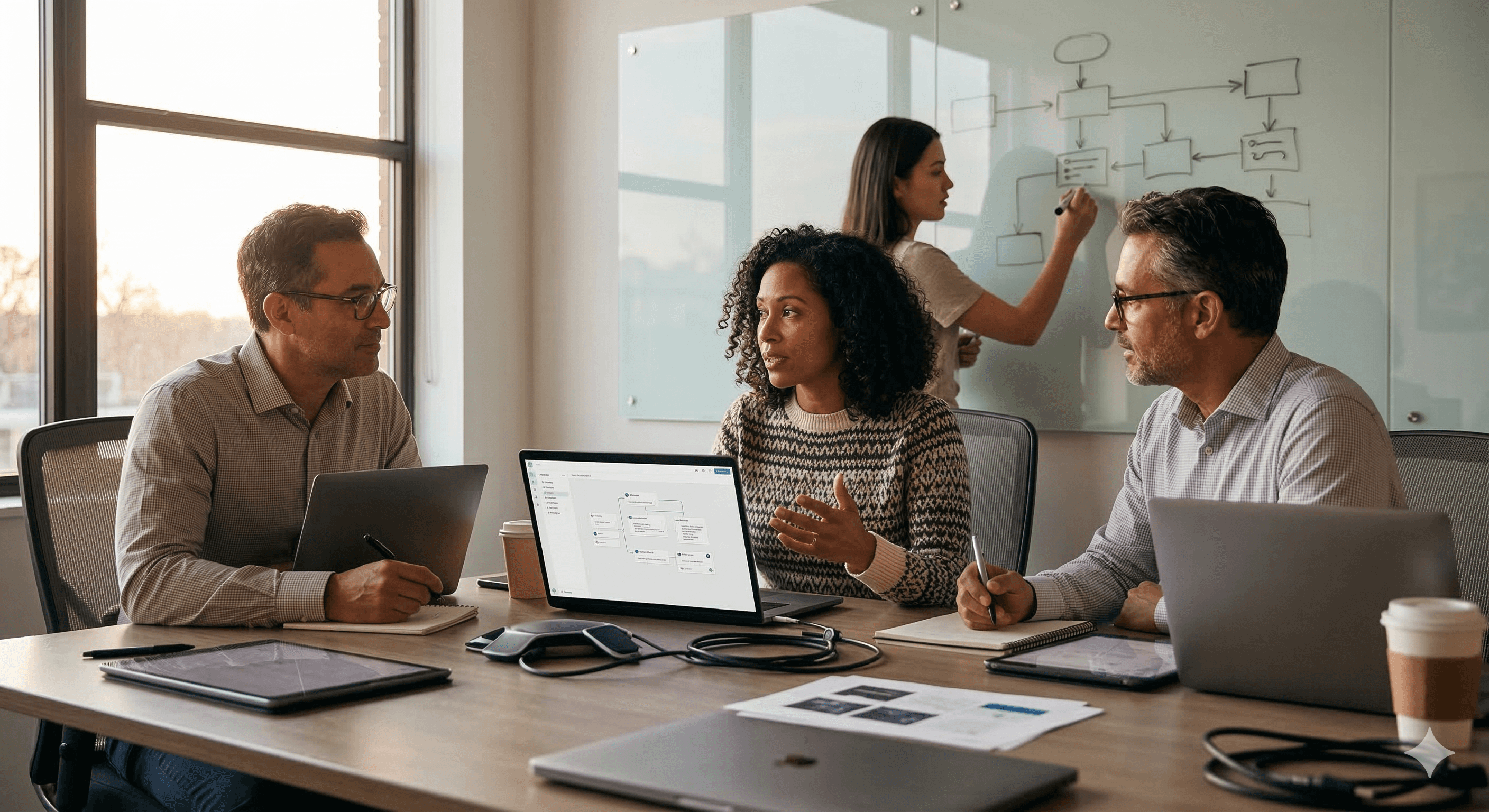 Four professionals engage in a collaborative meeting around a conference table, each with laptops open, while a woman writes on a whiteboard illustrating a workflow diagram, reflecting a dynamic work environment for AI solutions like the Perplexity Agent API's Managed Runtime for AI Workflows.