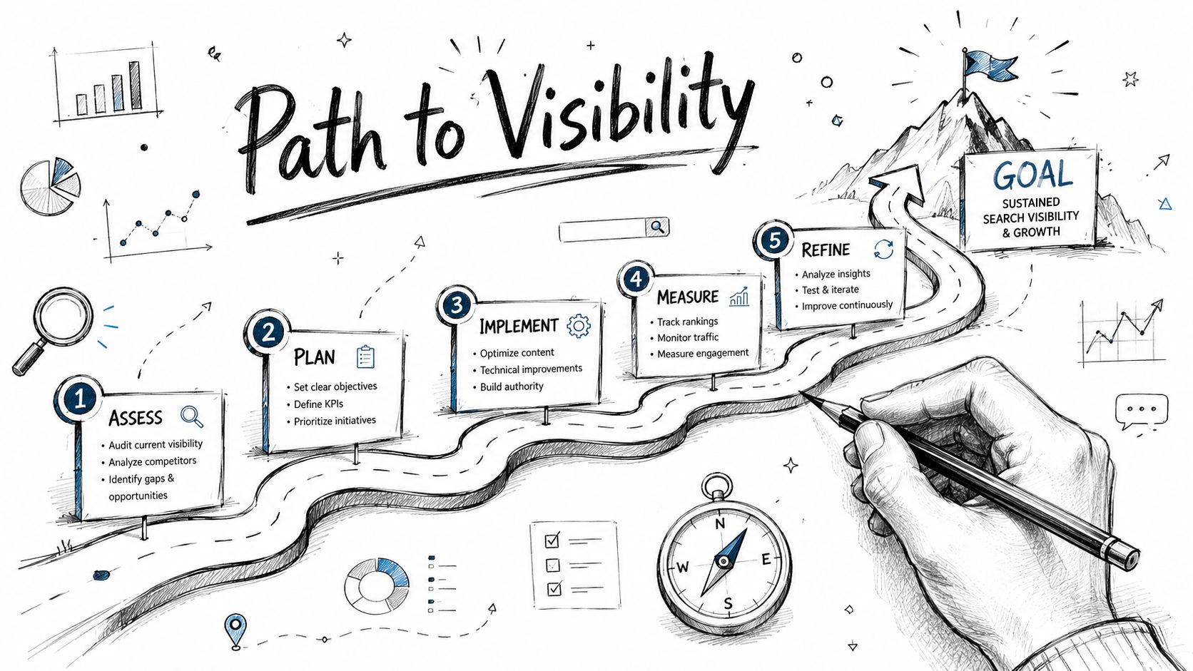 A hand-drawn illustration depicting a five-step path to search engine visibility, leading to a mountain goal peak.