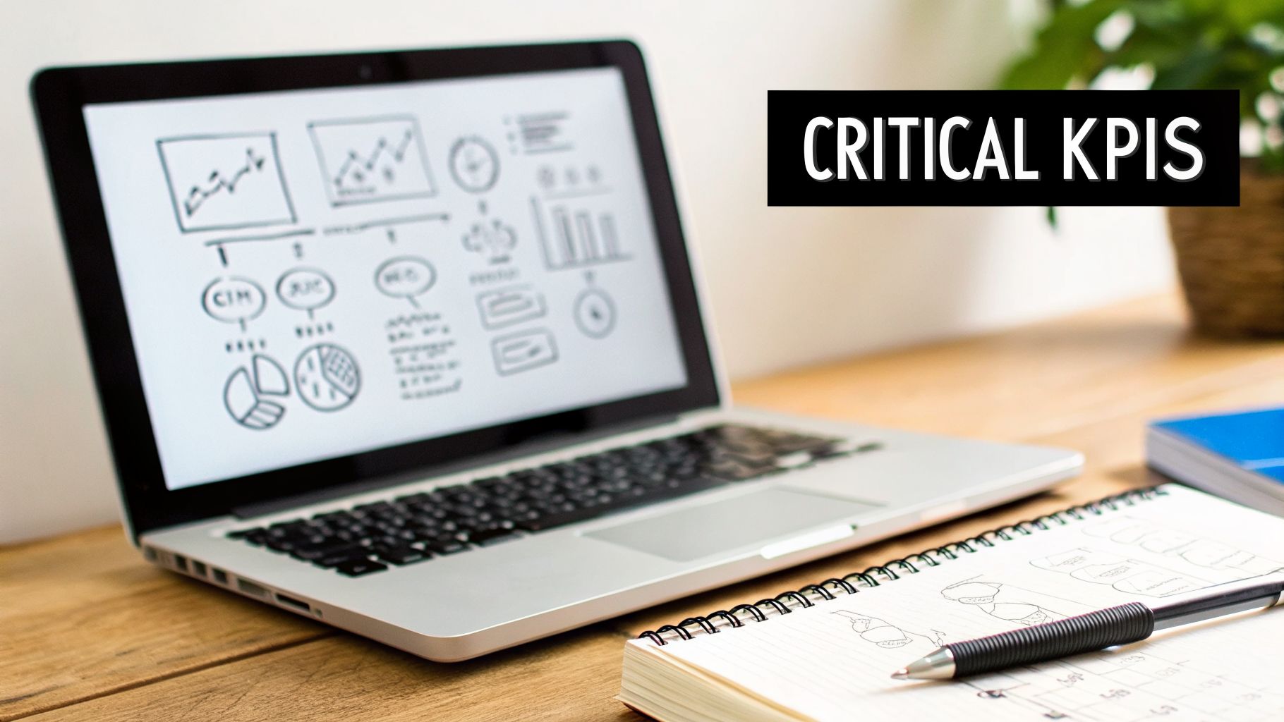 A laptop displaying data visualizations, charts, and 'CRITICAL KPIS' on a wooden desk.