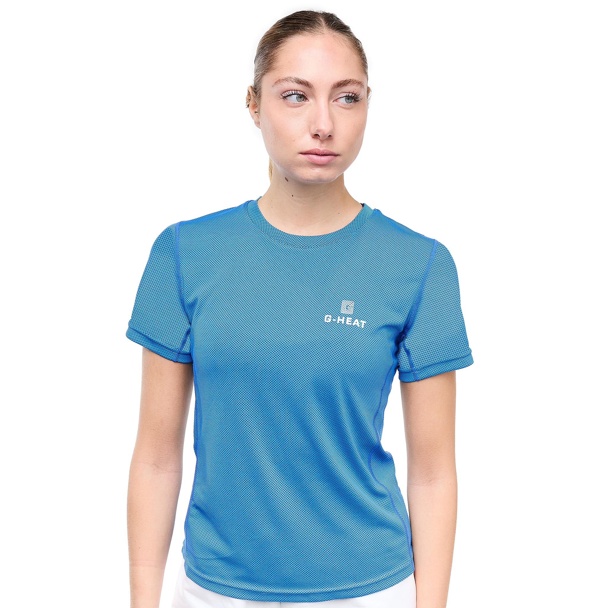 Women's sky blue G-Heat cooling T-shirt, front view, fitted cut, white background