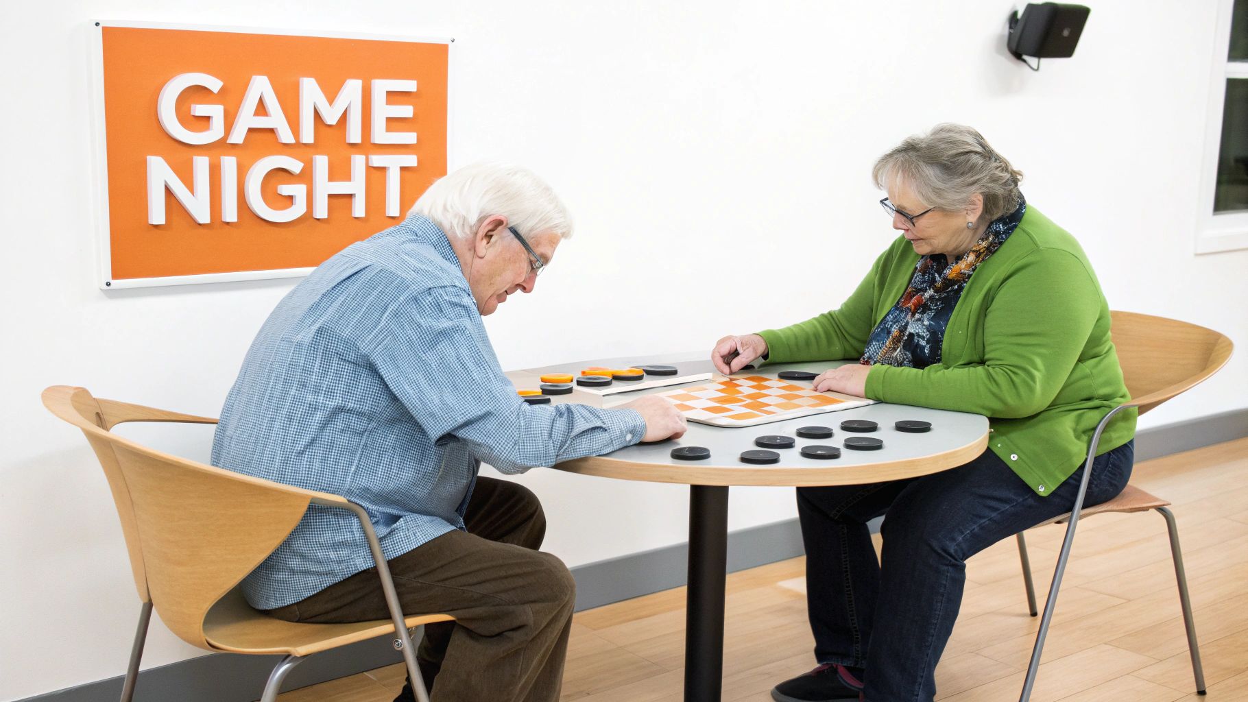 Elderly man and woman enjoying a game of checkers at a community Game Night event.