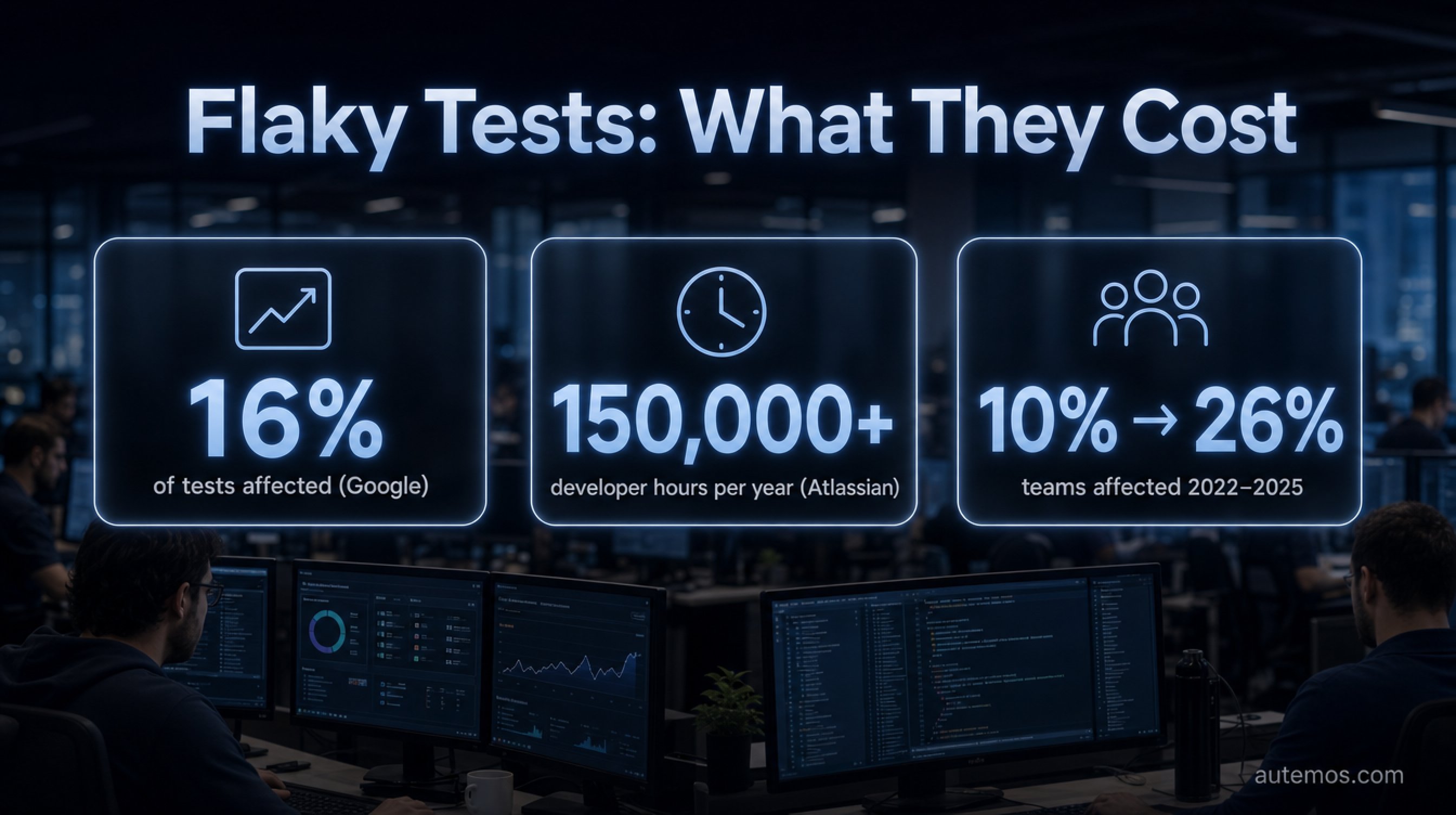 Statistics: 16% of tests affected, 150,000 developer hours per year, up from 10% to 26%.