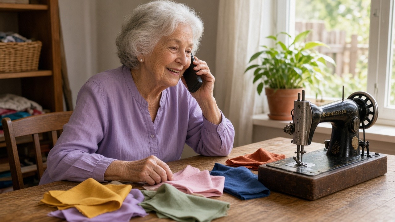 The image shows an elderly woman with gray hair sitting at a wooden table near a window. She is smiling and holding a landline phone to her ear, appearing to have a pleasant conversation. On the table in front of her are multiple pieces of folded fabric in different colors and an antique sewing machine. The room has a cozy, well-lit atmosphere with a potted plant on the windowsill and shelves in the background containing folded fabrics. This image can illustrate topics related to cognitive support programs for seniors, highlighting engagement in craft activities and social interaction.