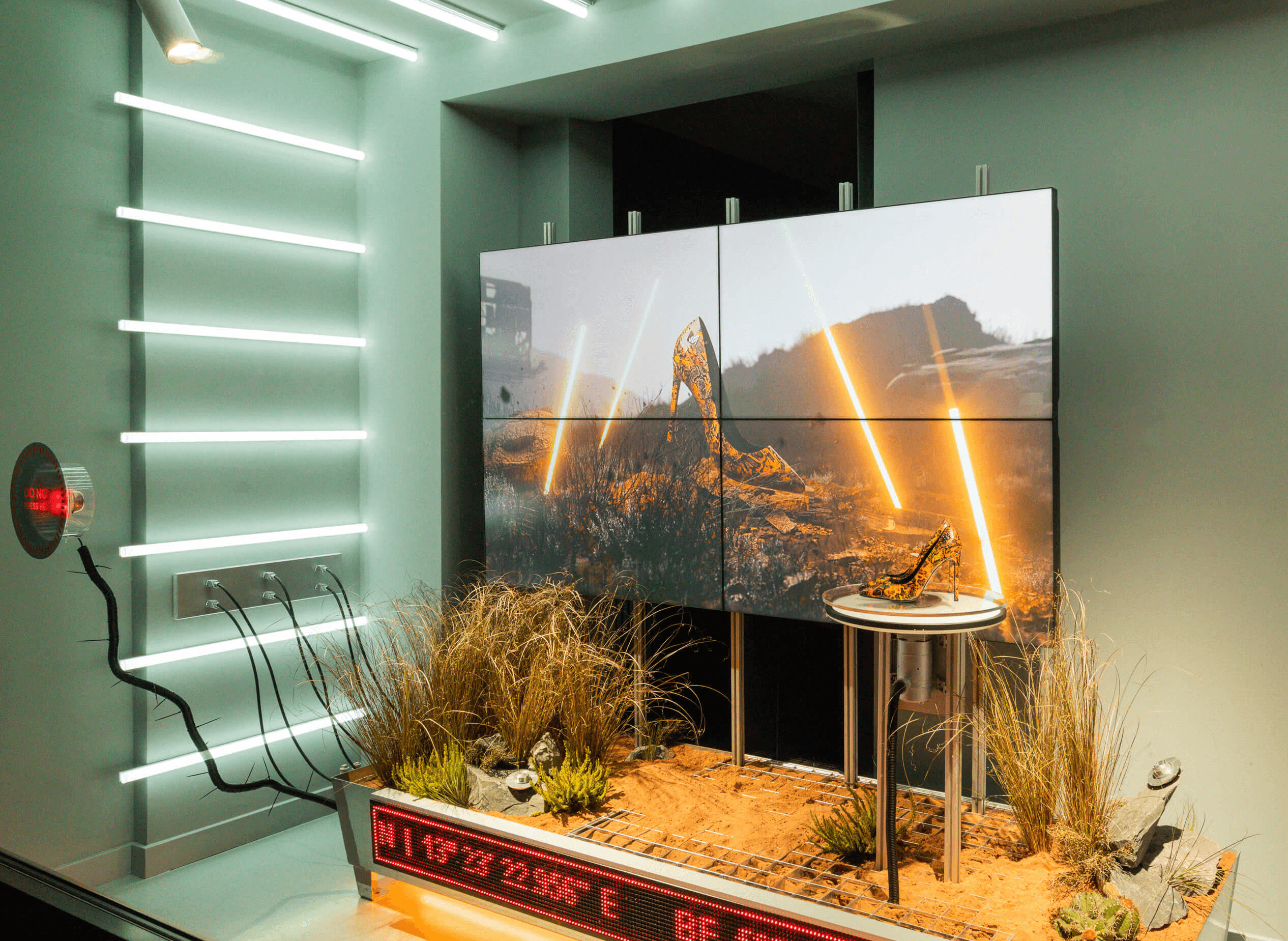 Futuristic store window display featuring a high-heeled designer shoe with a leopard print pattern, placed in a sci-fi desert environment with LED light beams, dry grass, and digital screens showing coordinates and a virtual landscape