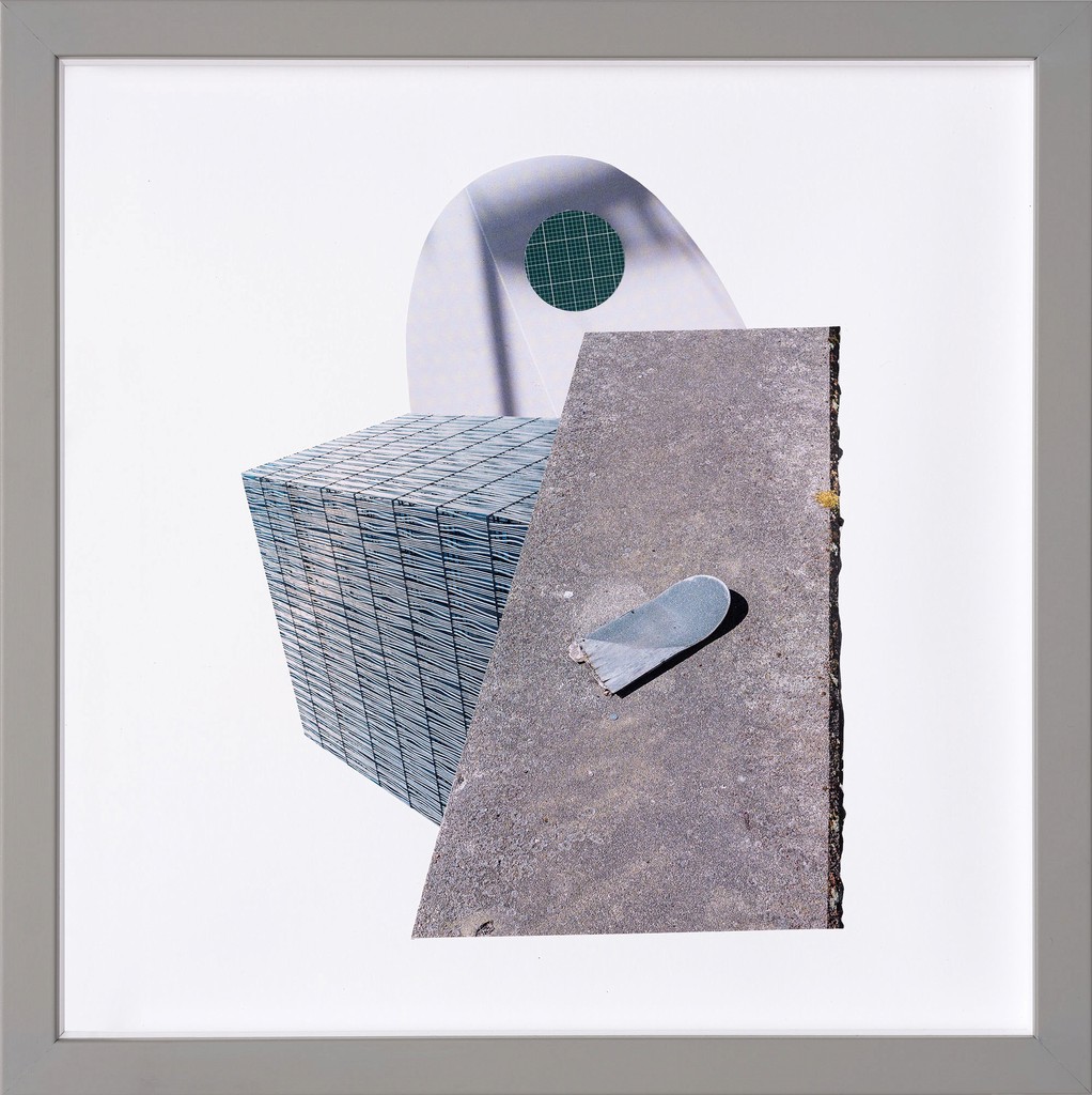 Collage assembling a cubic glass block structure, a slanted slab of pavement, and a cutout of a sculptural form. The elements float on white, with careful shadow play and a surreal, graphic tension.