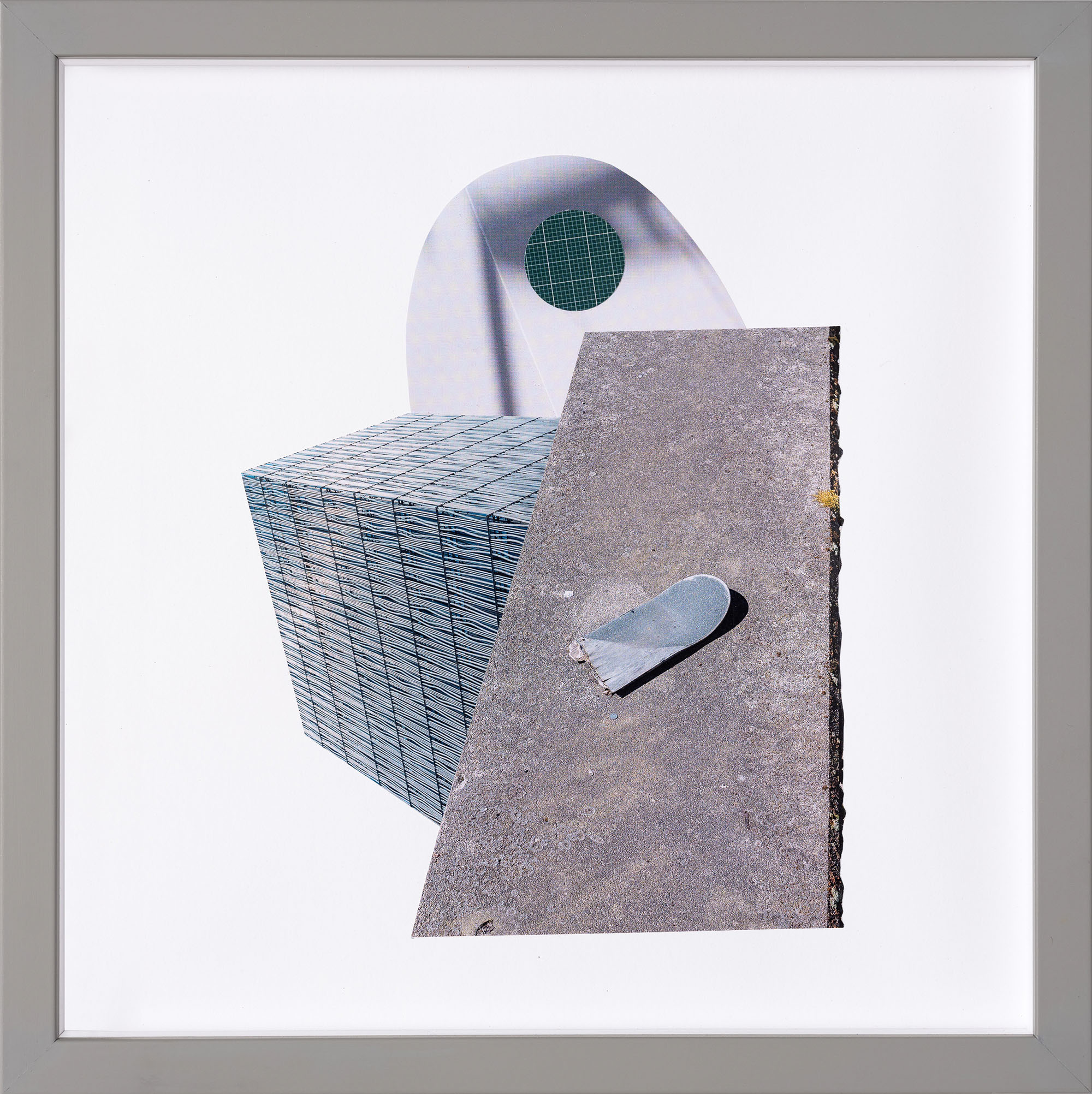 Collage assembling a cubic glass block structure, a slanted slab of pavement, and a cutout of a sculptural form. The elements float on white, with careful shadow play and a surreal, graphic tension.