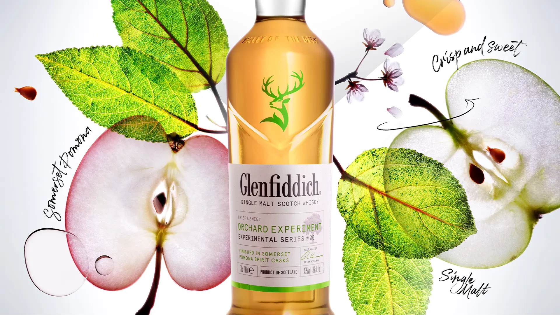Whisky bottle in front of artistic arrangement of leaves and sliced apple