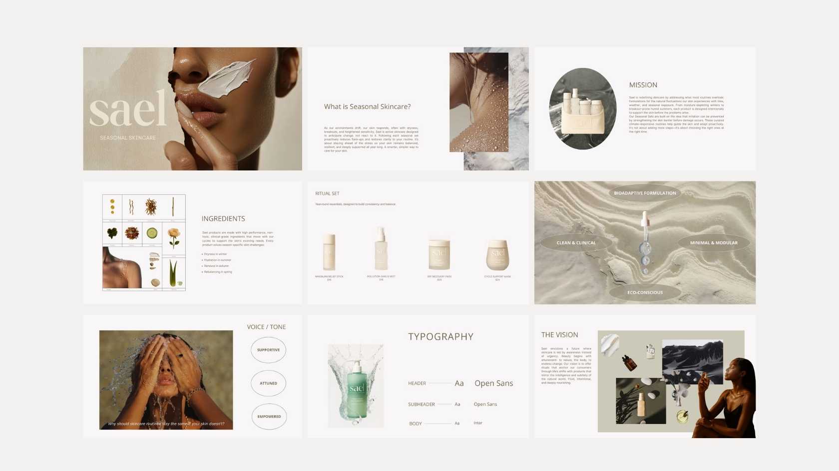 Sael Seasonal Skincare full brand identity presentation including typography, textures, product visuals, and seasonal messaging.