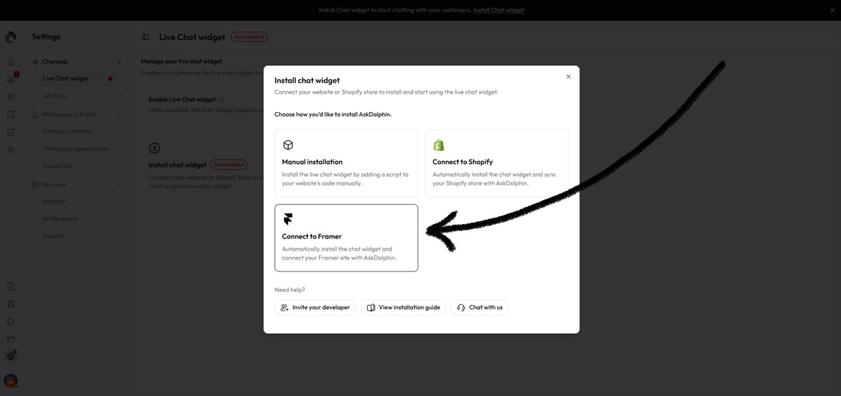 AskDolphin install chat widget modal showing Connect to Framer option highlighted