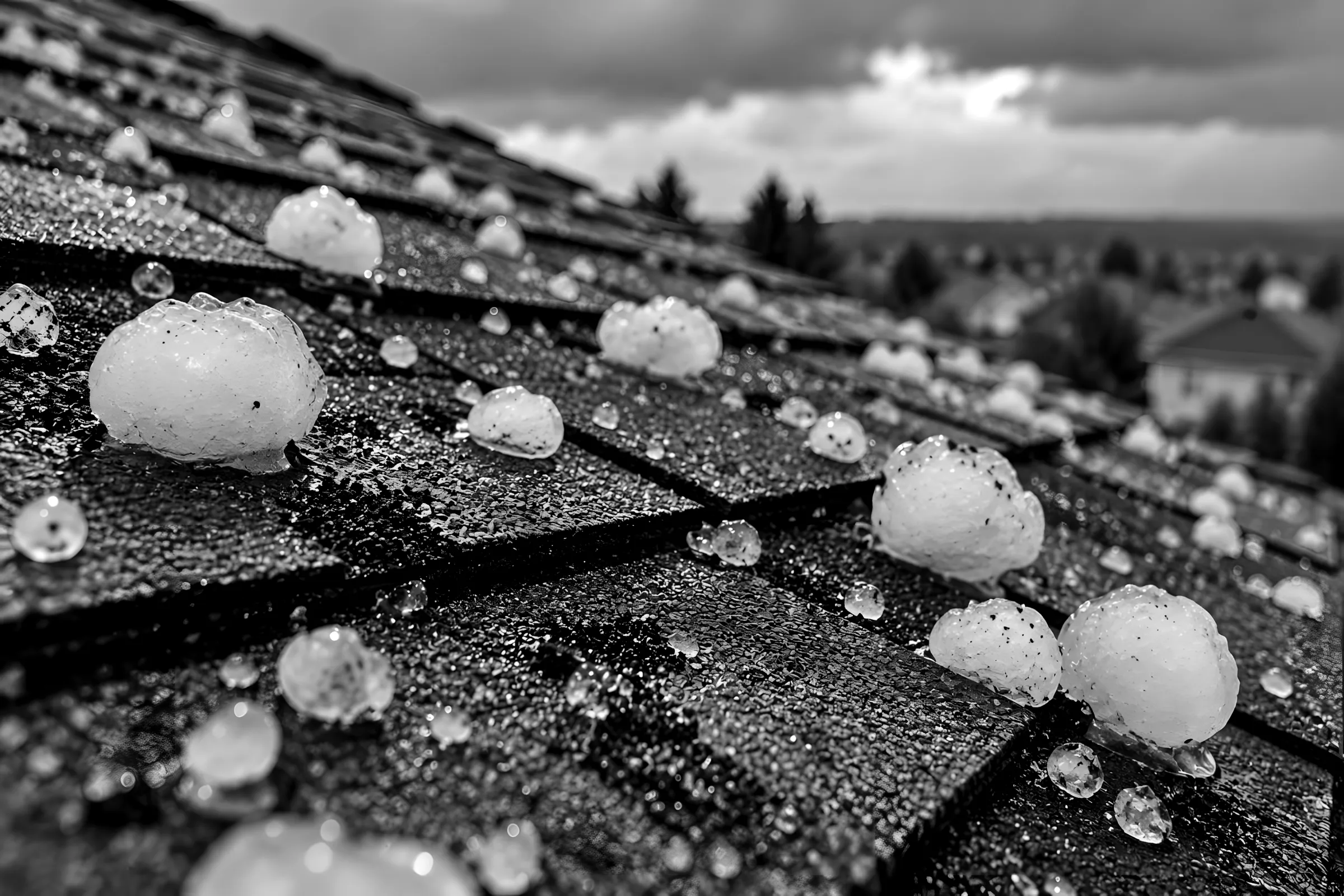 Hailstones on dark asphalt shingles after a storm