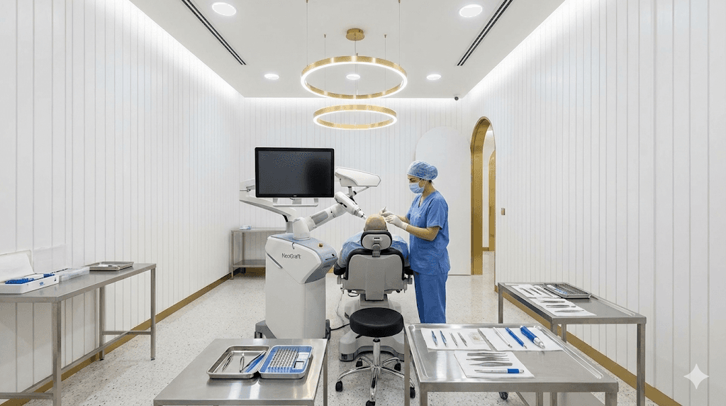 A high-tech, sterile hair transplant suite showing the advanced extraction and implantation tools.