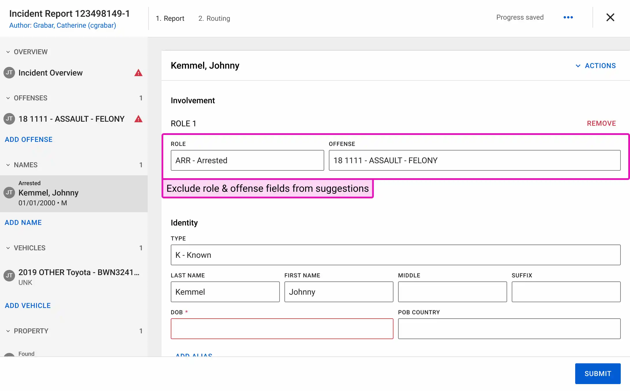 A digital form with "Person Role" and "Offense" fields circled to indicate they were intentionally excluded from AI auto-filling.