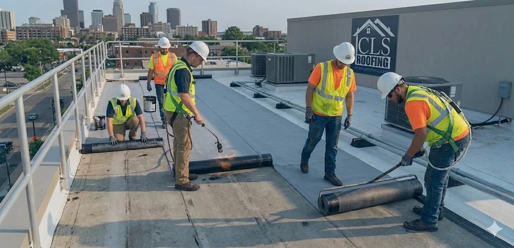 CLS Commercial roofing crew installing modified bitumen membrane on flat roof, professional safety gear, realistic lighting