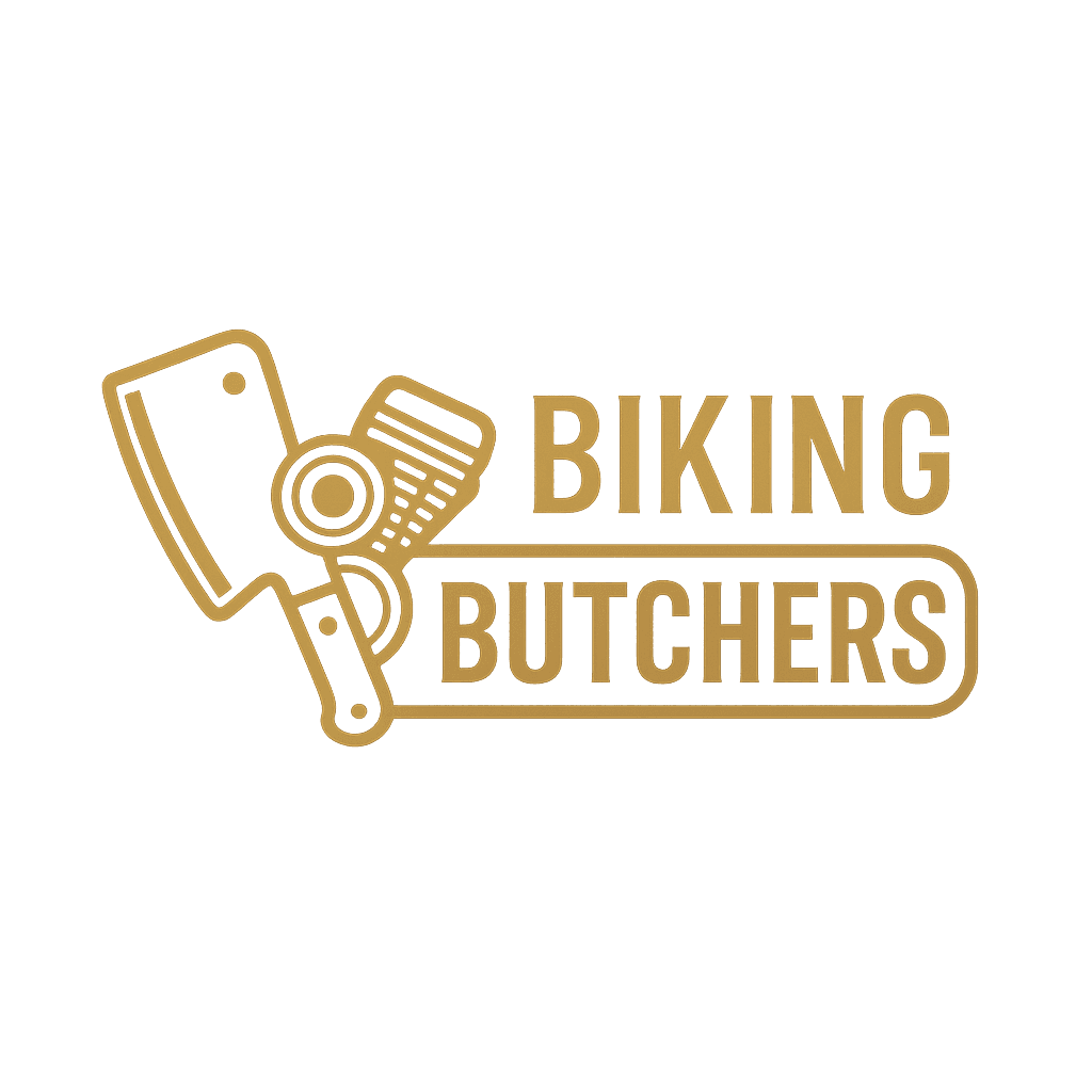 Originale goldfarbene Biking-Butchers-Wortmarke mit Hackmesser und Fleischbeil