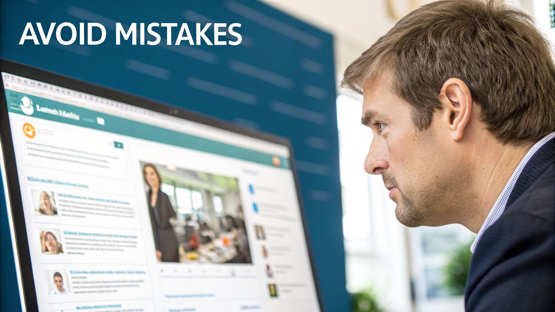 A person reviewing a LinkedIn post on a laptop, looking for errors or areas to improve.