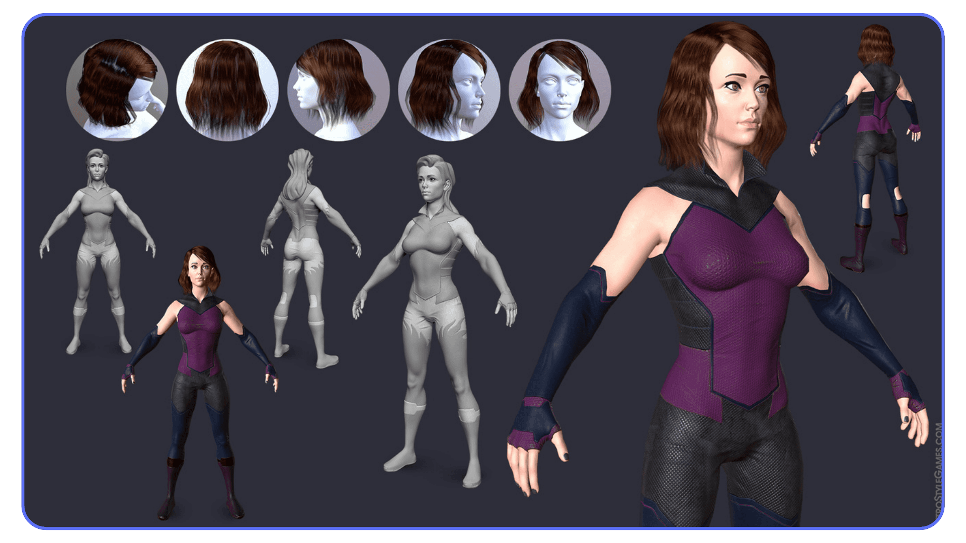 A full-body 3D female character model showing multiple hairstyle previews and sculpted body variations displayed in Blender.