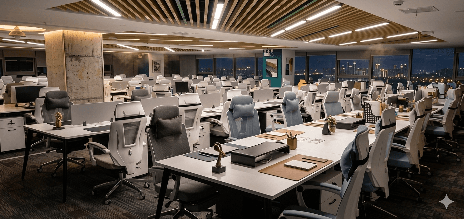 Gemini 说 An open-plan office space featuring rows of white desks and ergonomic grey-and-white chairs. The room is dimly lit, with long, linear LED lights recessed into a slatted wood ceiling. Large concrete pillars punctuate the space, and the overall atmosphere is quiet and modern.