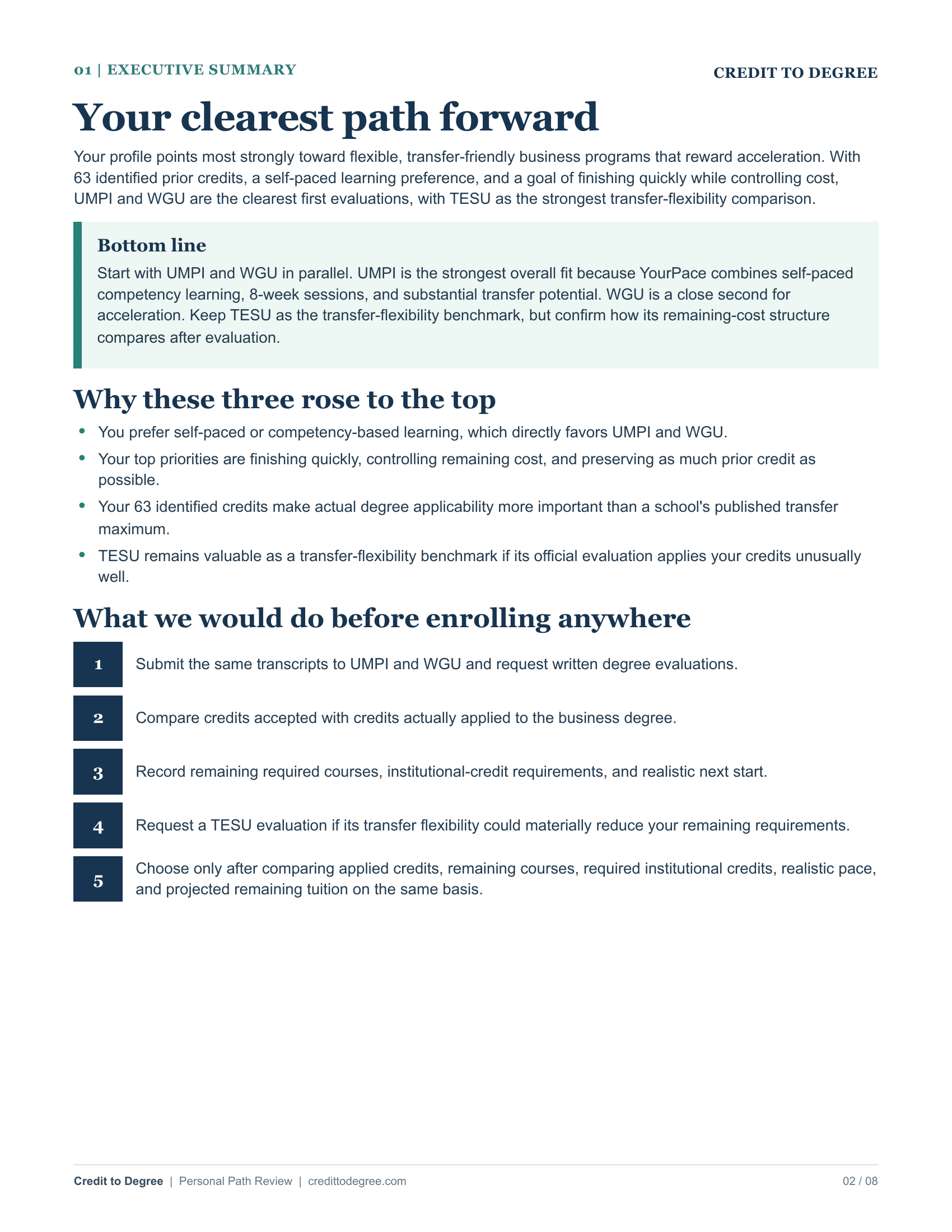 Synthetic PPR sample executive summary: UMPI first, WGU second, TESU third; request official evaluations before choosing.
