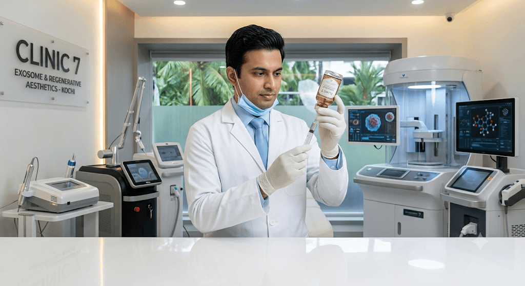 A medium shot in a state-of-the-art aesthetic clinic in Kochi. An Indian dermatologist prepares an Exosome treatment, drawing the regenerative serum from a specialized vial. The background features sophisticated biotech equipment, suggesting advanced science in a clinical setting.