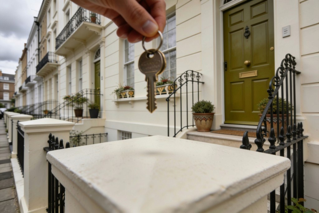 Brass house key held above a London townhouse doorstep
