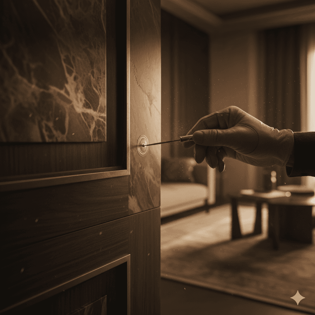 Close-up of hand inserting a key into a door with premium Italian marble and wood detailing