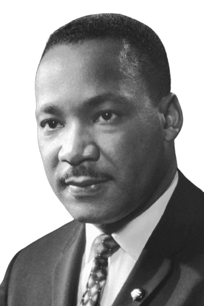 This is a black and white portrait of Dr. Martin Luther King Jr., the renowned civil rights leader known for his role in the American civil rights movement. He is depicted wearing a suit and tie, exuding a dignified and determined expression. This iconic image is often associated with his advocacy for racial equality, nonviolent protest, and his famous "I Have a Dream" speech.