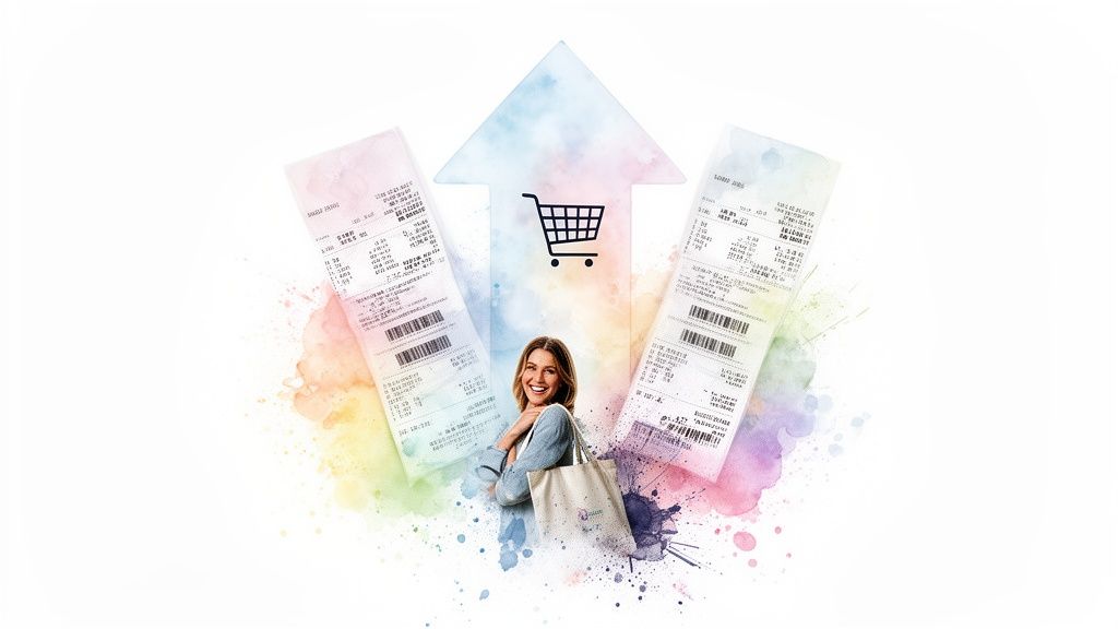 A smiling woman with a shopping bag, surrounded by multiple receipts and an upward shopping cart arrow on a colorful background.