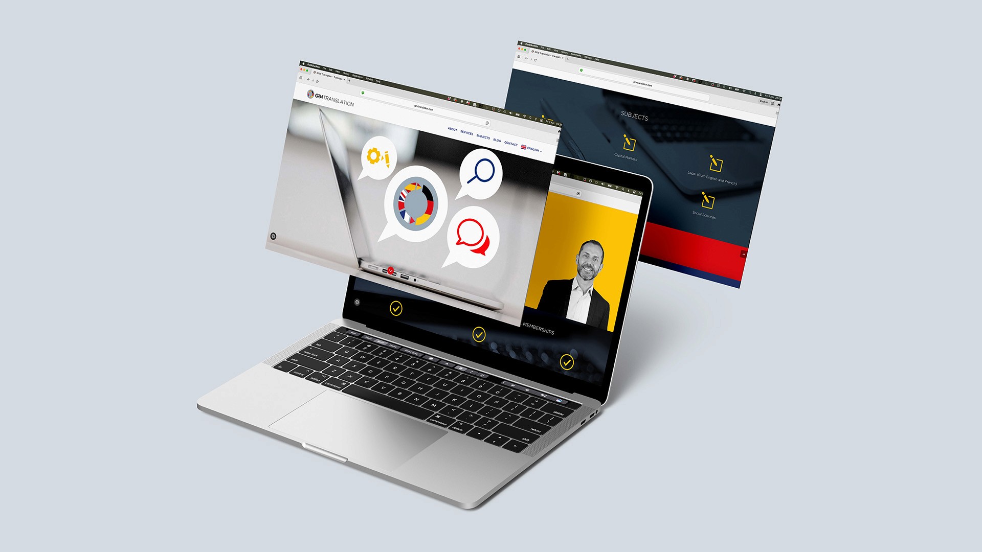 GRW Translation website design shown on MacBook desktop mockup by Huw Mathias graphic and web designer London