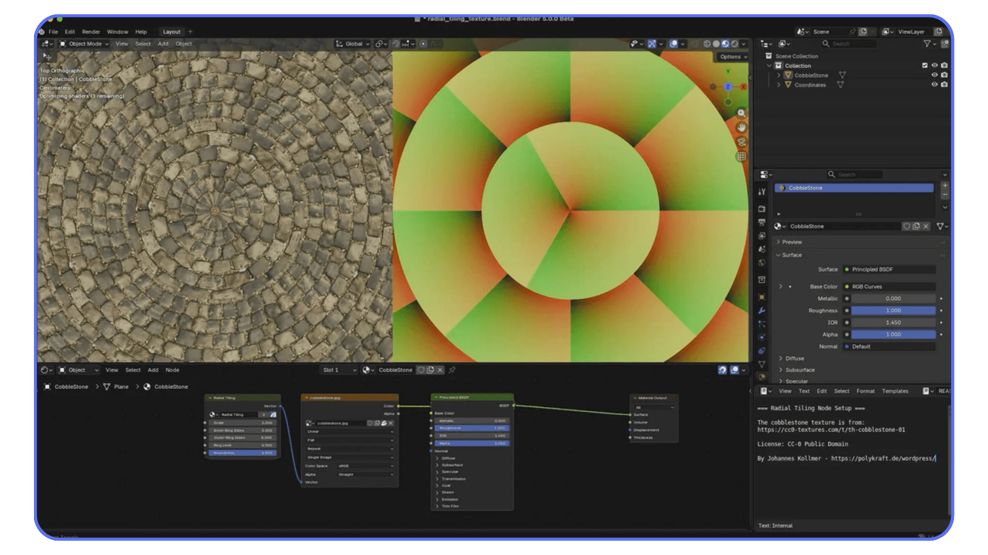 A Blender shading workspace showing a radial tiling shader setup with cobblestone texture on the left and a colorful radial mask on the right.