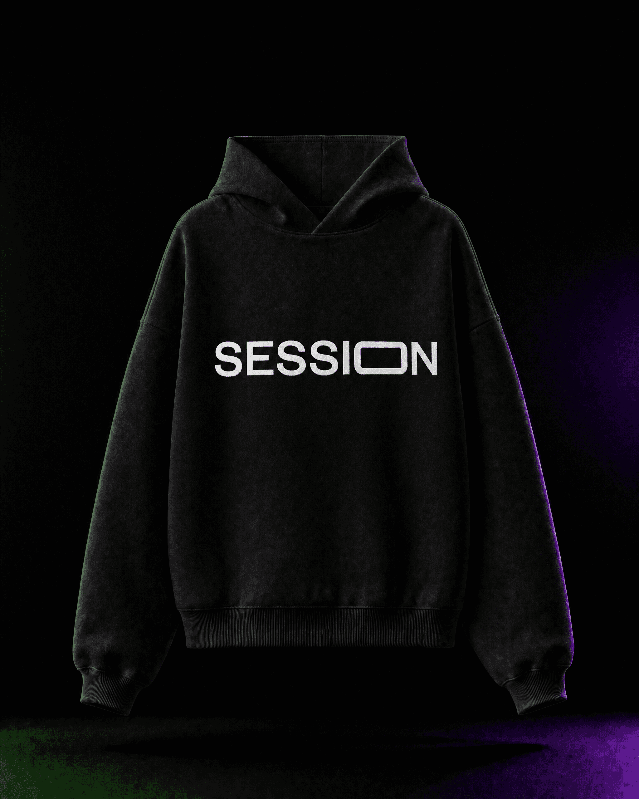 Front of a black Session Zone hoodie with white SESSION lettering across the chest.