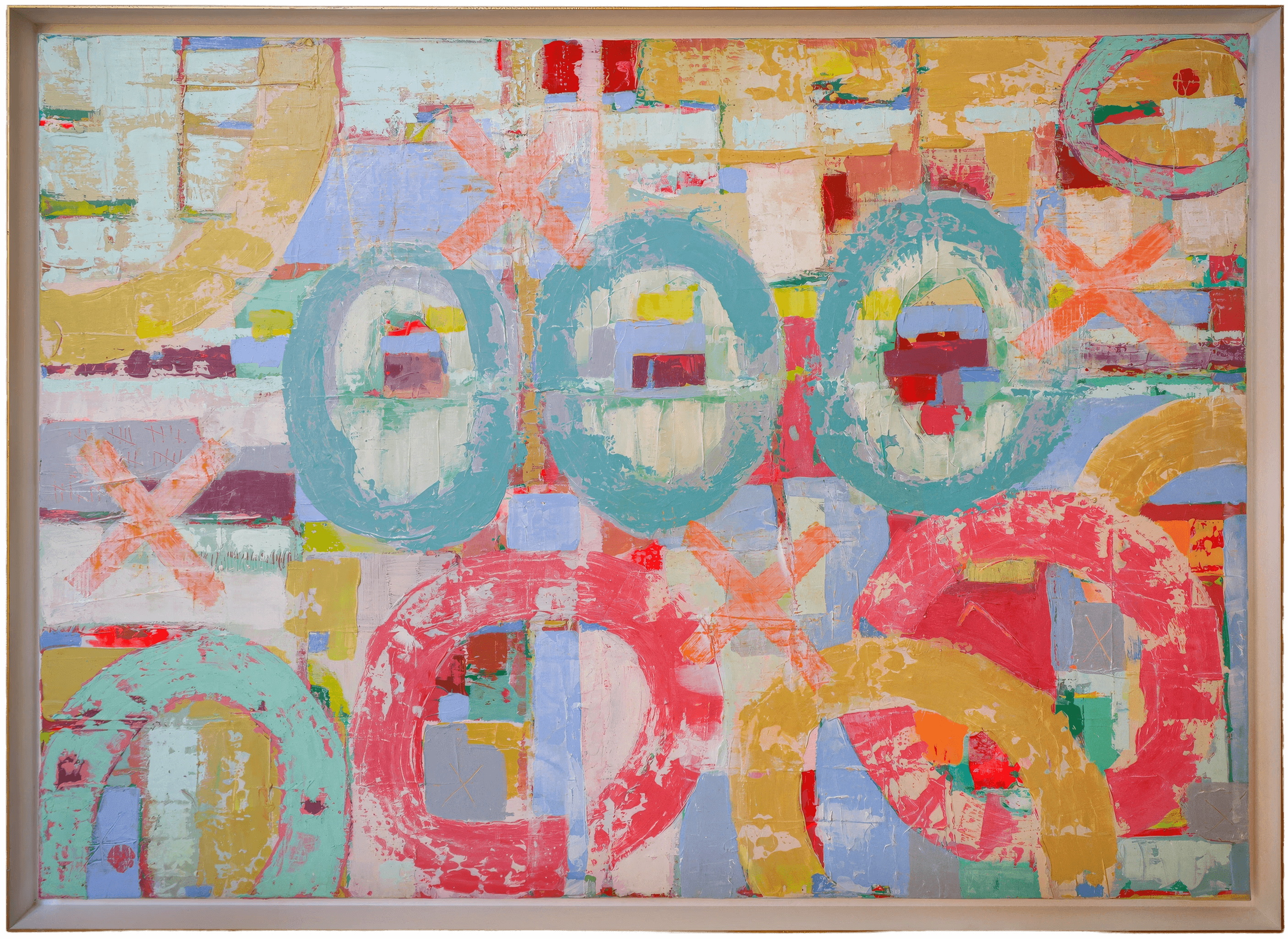 Diptych of two abstract paintings featuring bold organic shapes in red, teal, blue, orange and yellow on a periwinkle blue background