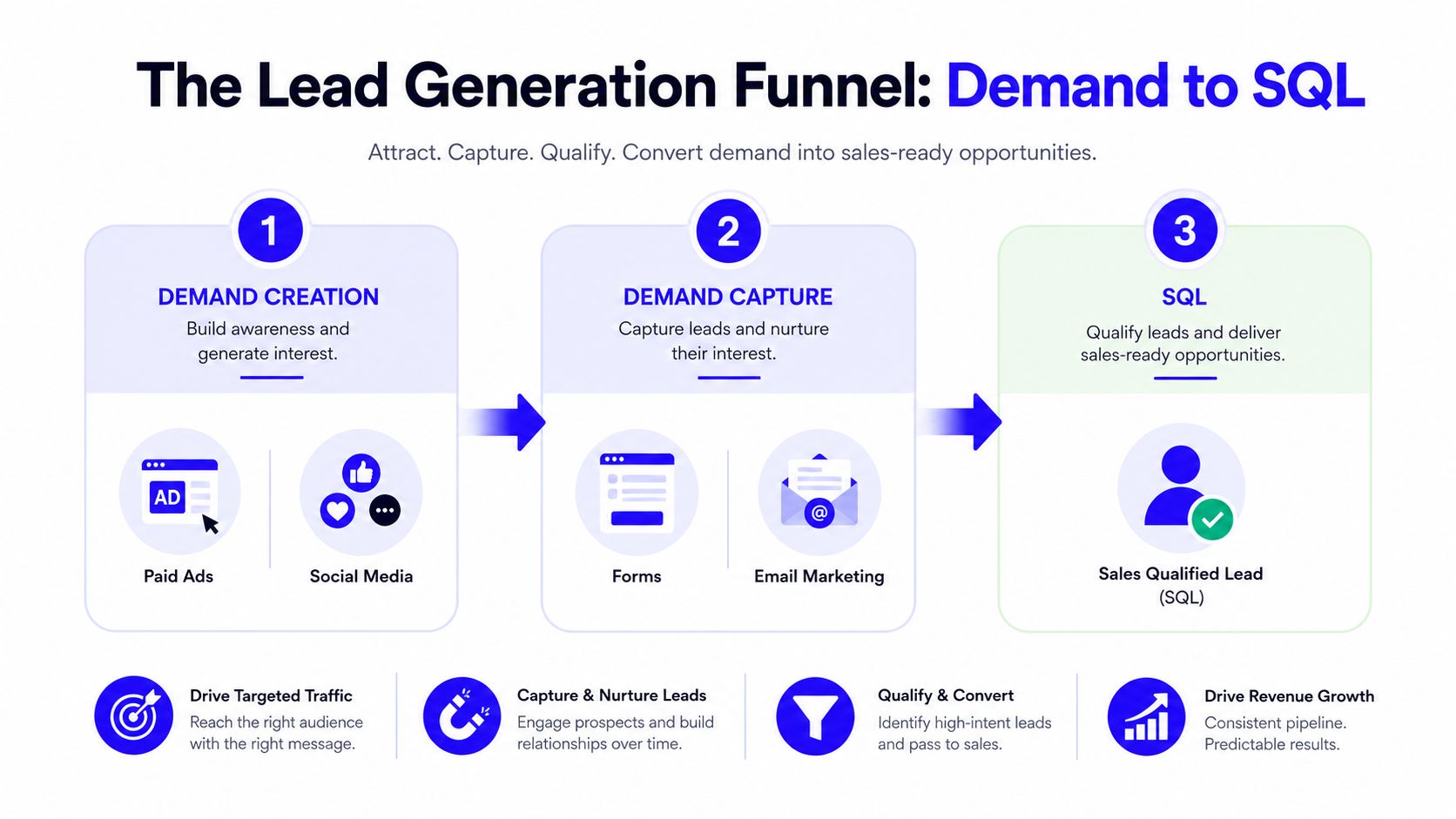 A diagram illustrating the B2B lead generation funnel from demand creation to sales qualified leads.