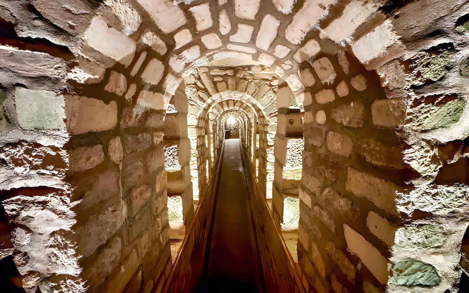 巴黎地下墓穴的通道，石拱门和昏暗的灯光。