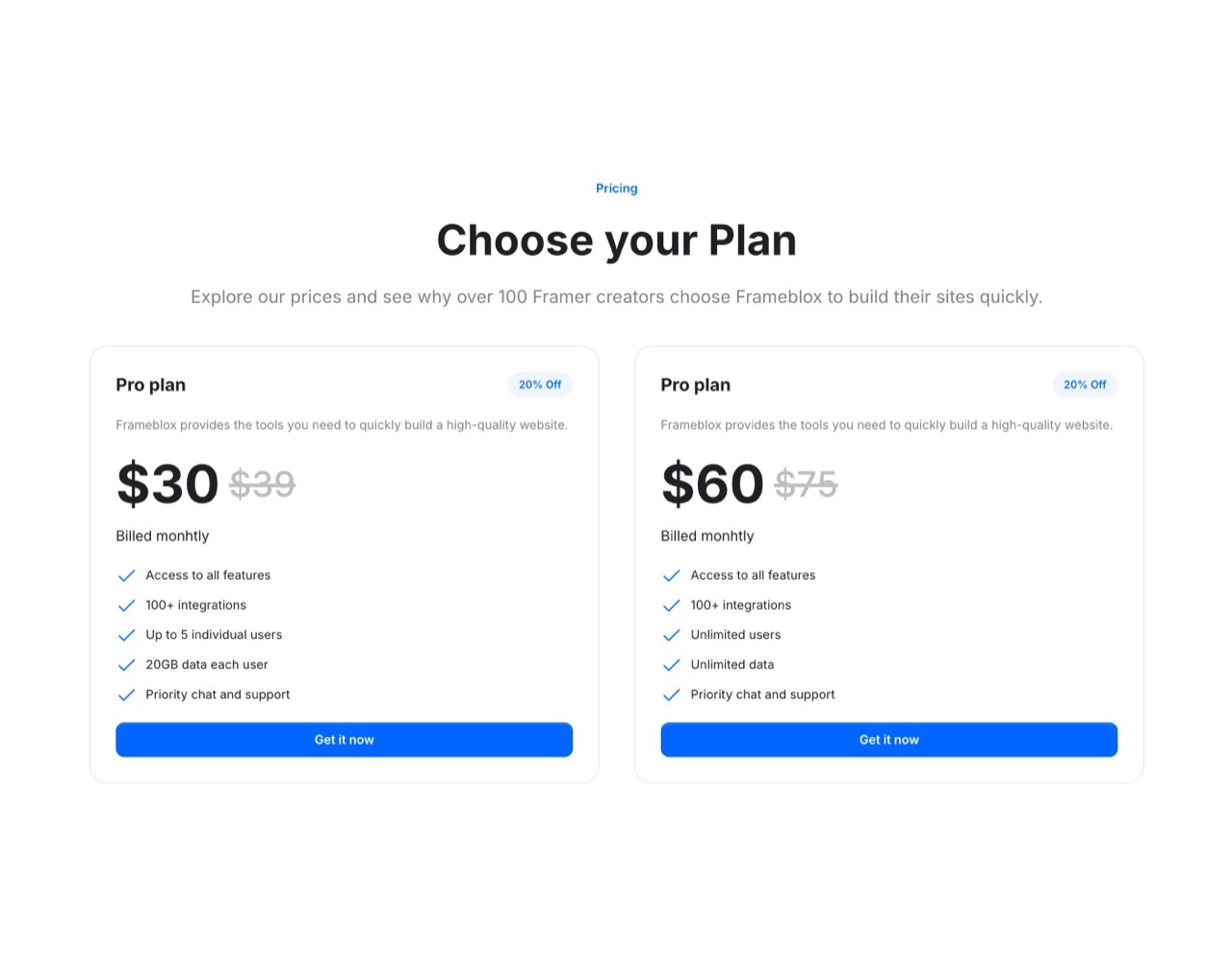 Framer Pricing Section - Frameblox UI
