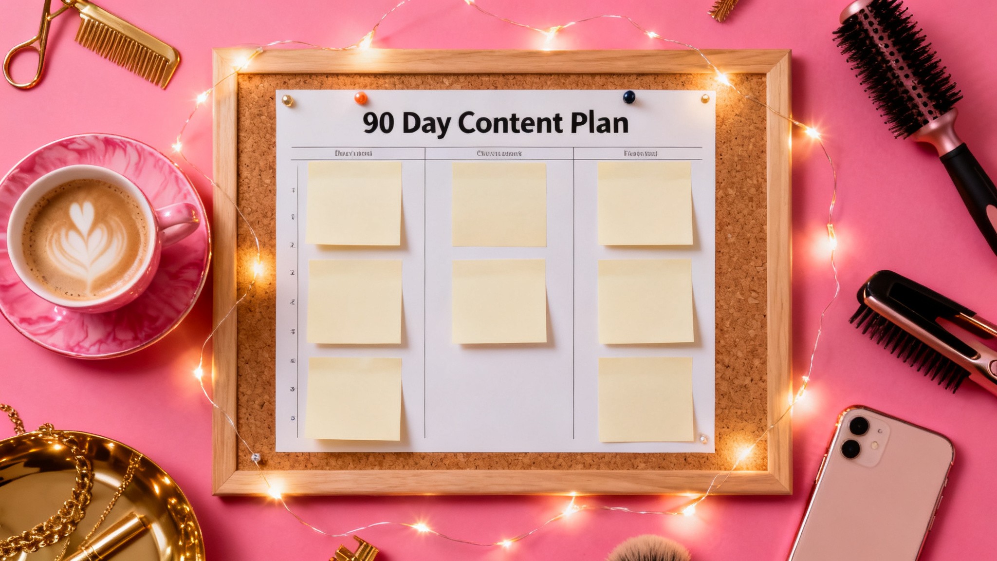 Editorial image of a 90-day content calendar pinned to a corkboard with sticky notes, fairy lights, and a styled cup of pink-glazed coffee