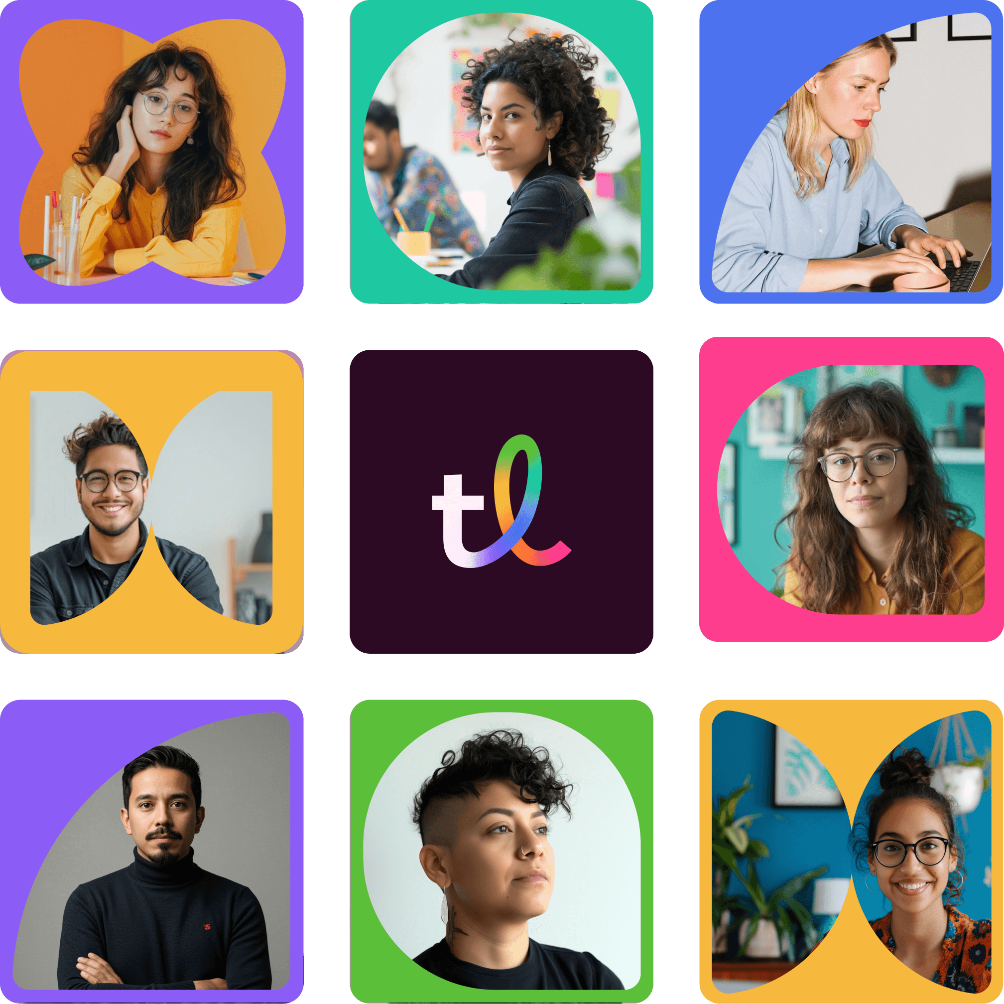 Grid of diverse designer portraits framed by colorful TalentL brand shapes, representing the TalentL talent community.
