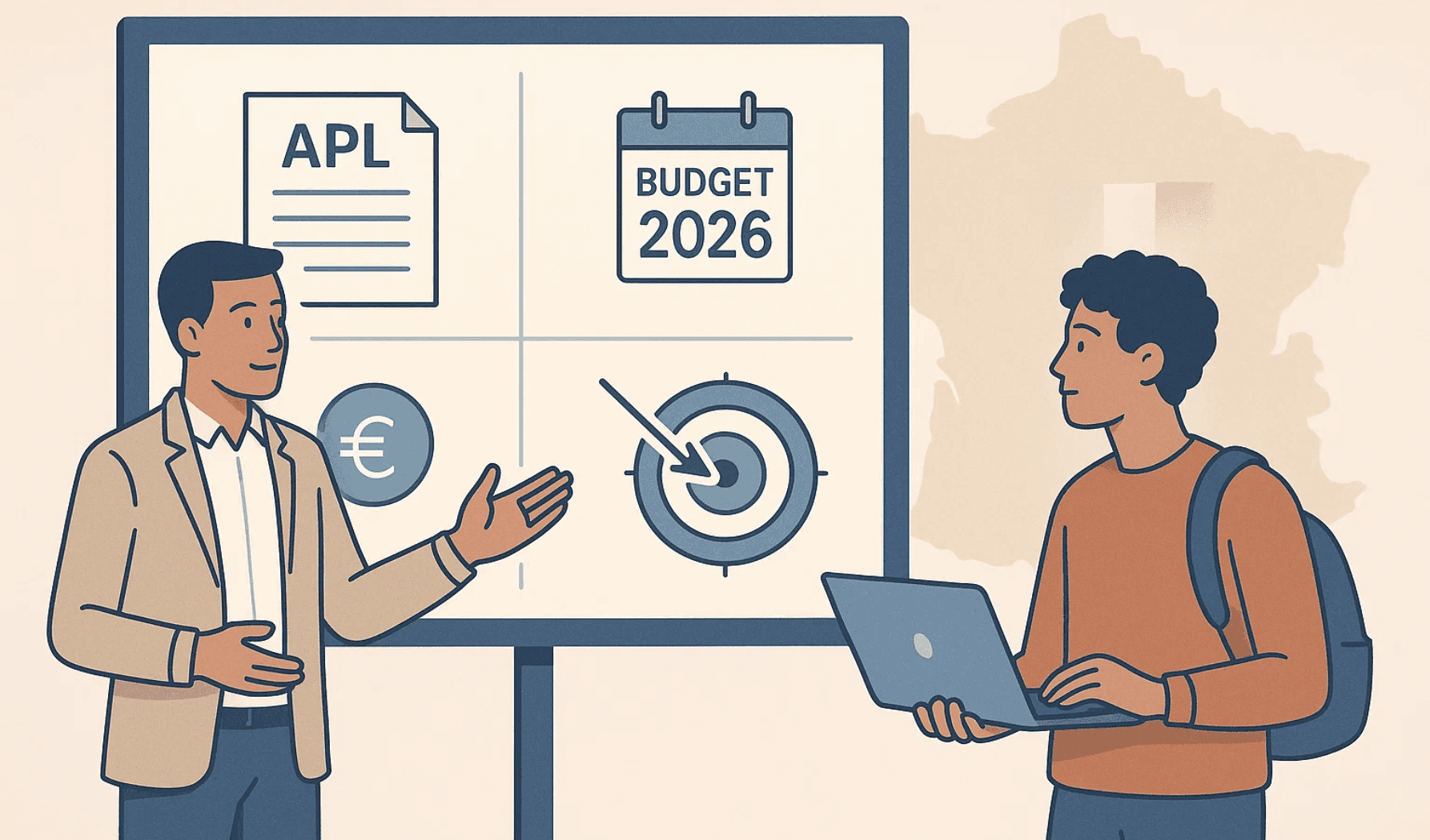 Illustration montrant un conseiller qui explique à un étudiant le fonctionnement des APL et les changements prévus dans le budget 2026, devant un écran affichant des icônes de budget, APL et graphiques financiers. La scène illustre les raisons de la suppression des APL pour certains étudiants étrangers.