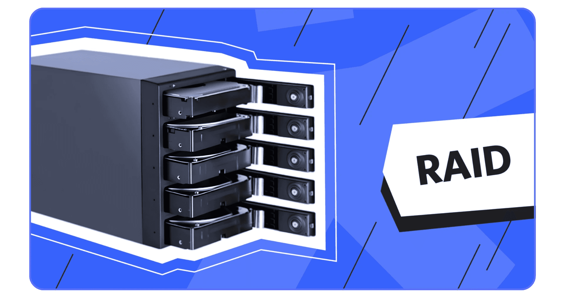 3D render of a multi-drive RAID storage enclosure on a blue background labeled “RAID.”