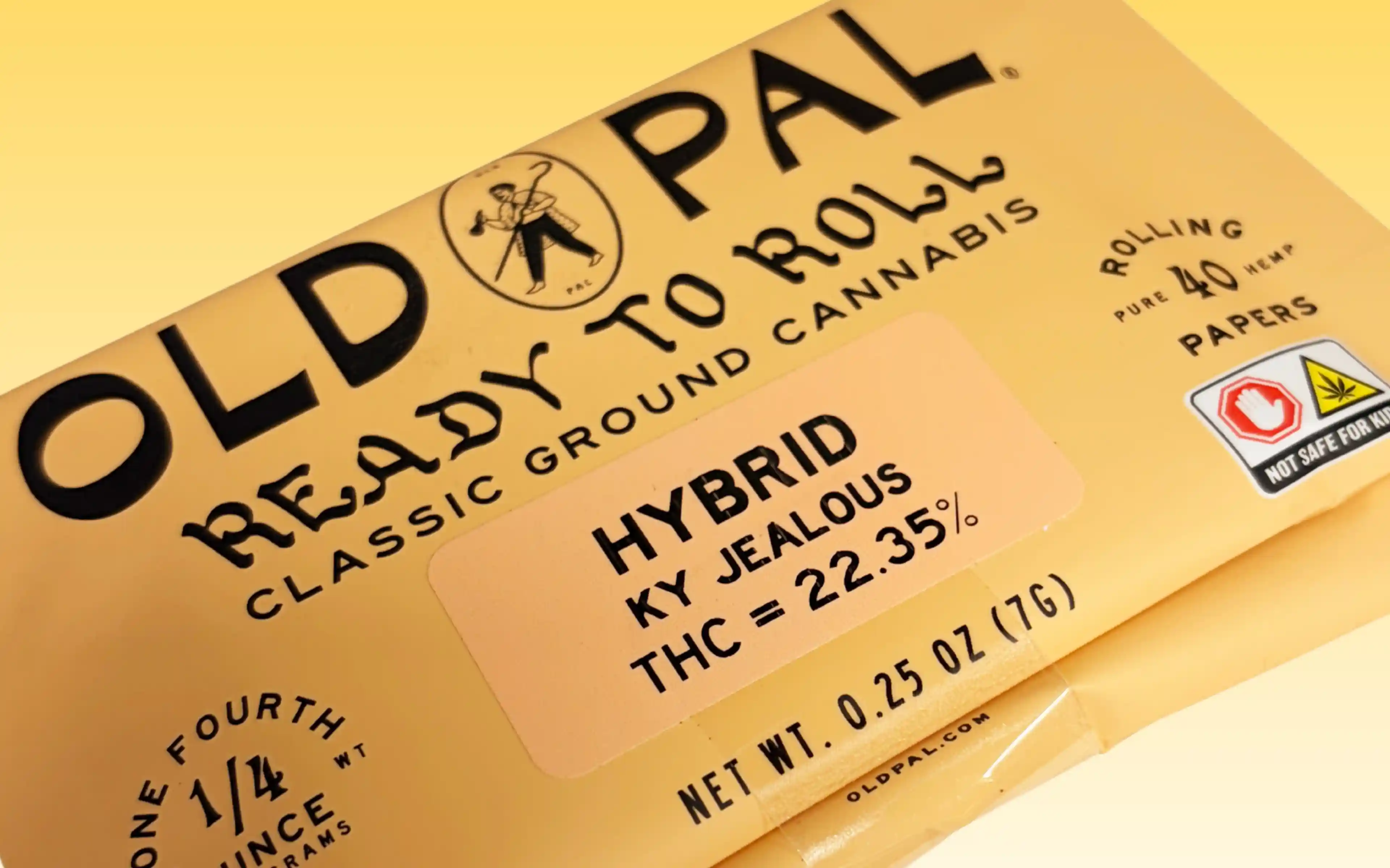 Old Pal dispensary cannabis package labeled with THC percentage (22.35%), strain name, and net weight, illustrating regulated dispensary labeling versus hemp market packaging