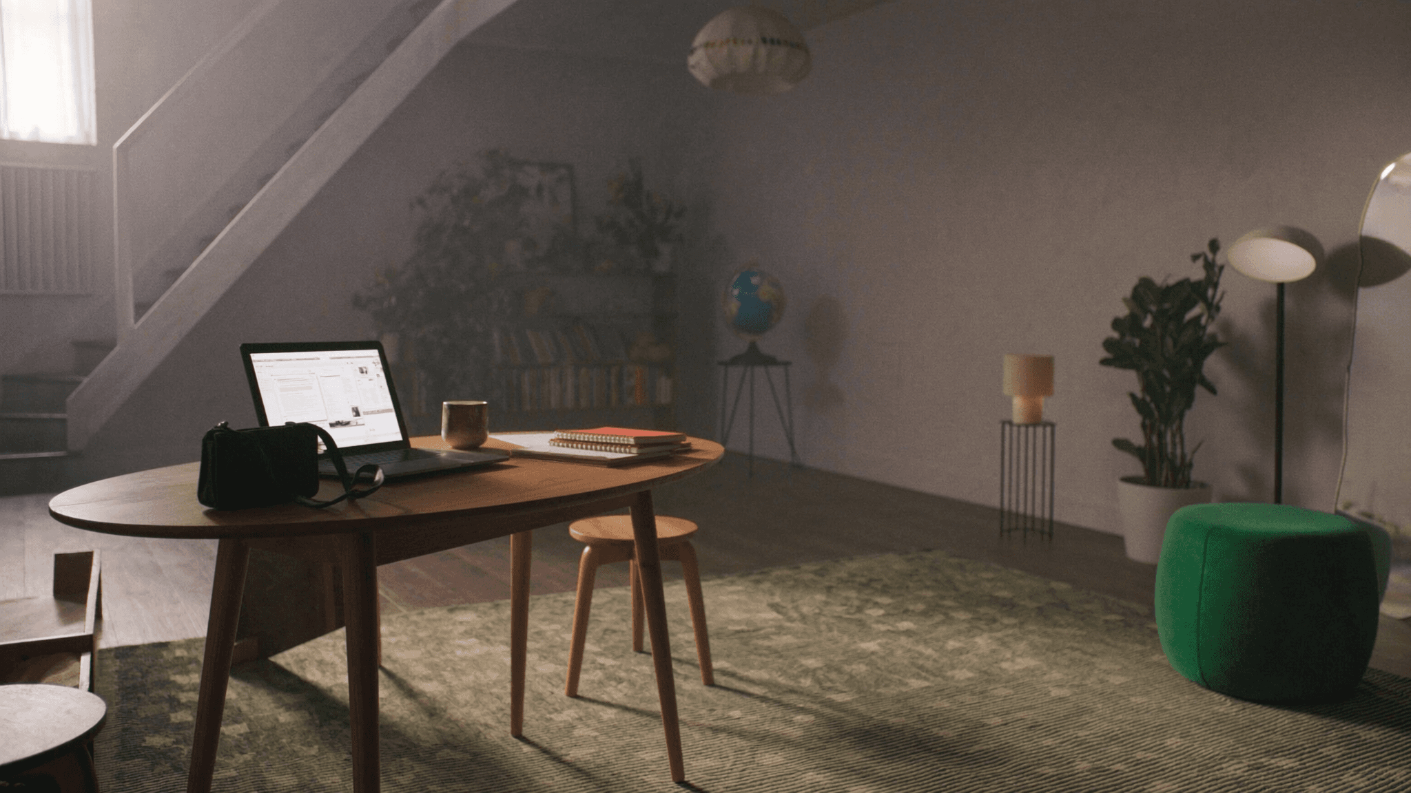 Cozy home office setup for distance learning with laptop and natural light