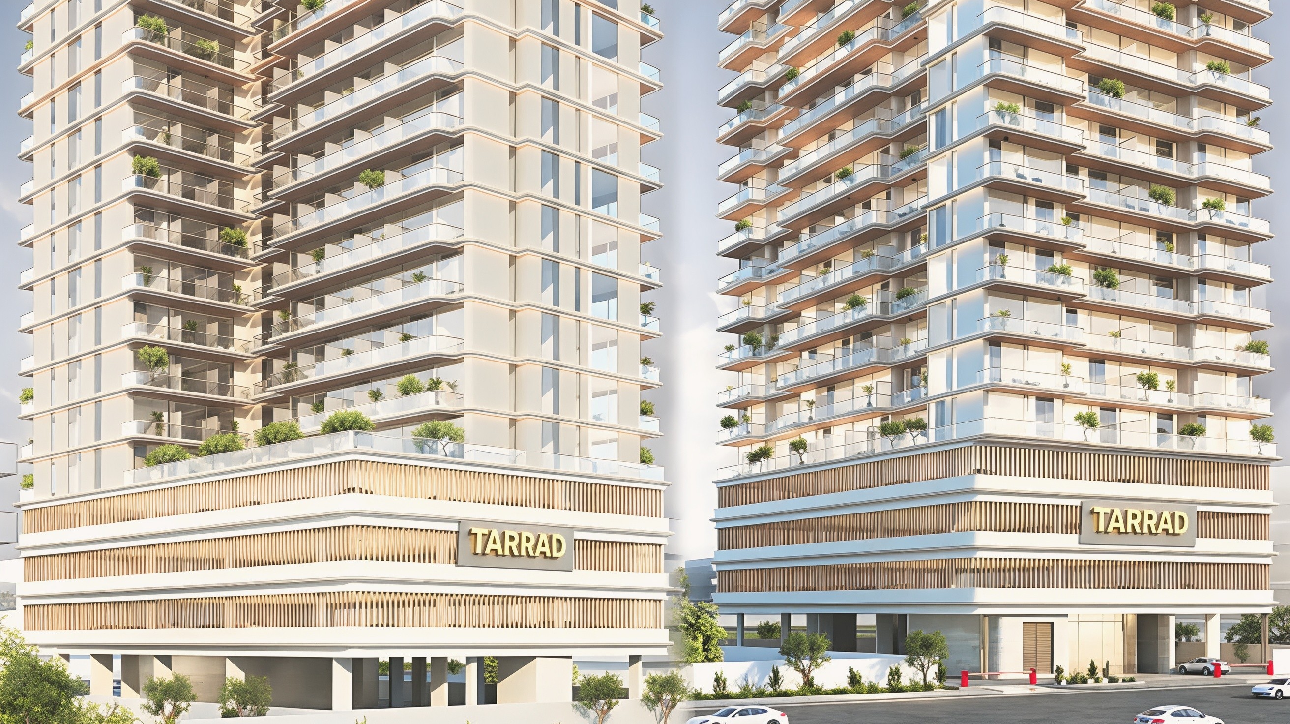 A sleek apartment building, Celesto 3 by Tarrad, showcasing a swimming pool atop its modern structure.