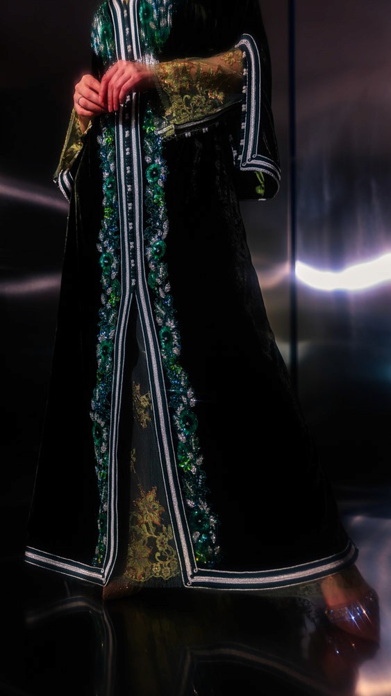 Deep Green Moroccan caftan with emerald embroidery, handcrafted luxury design combining Bahrain atelier and Moroccan craftsmanship