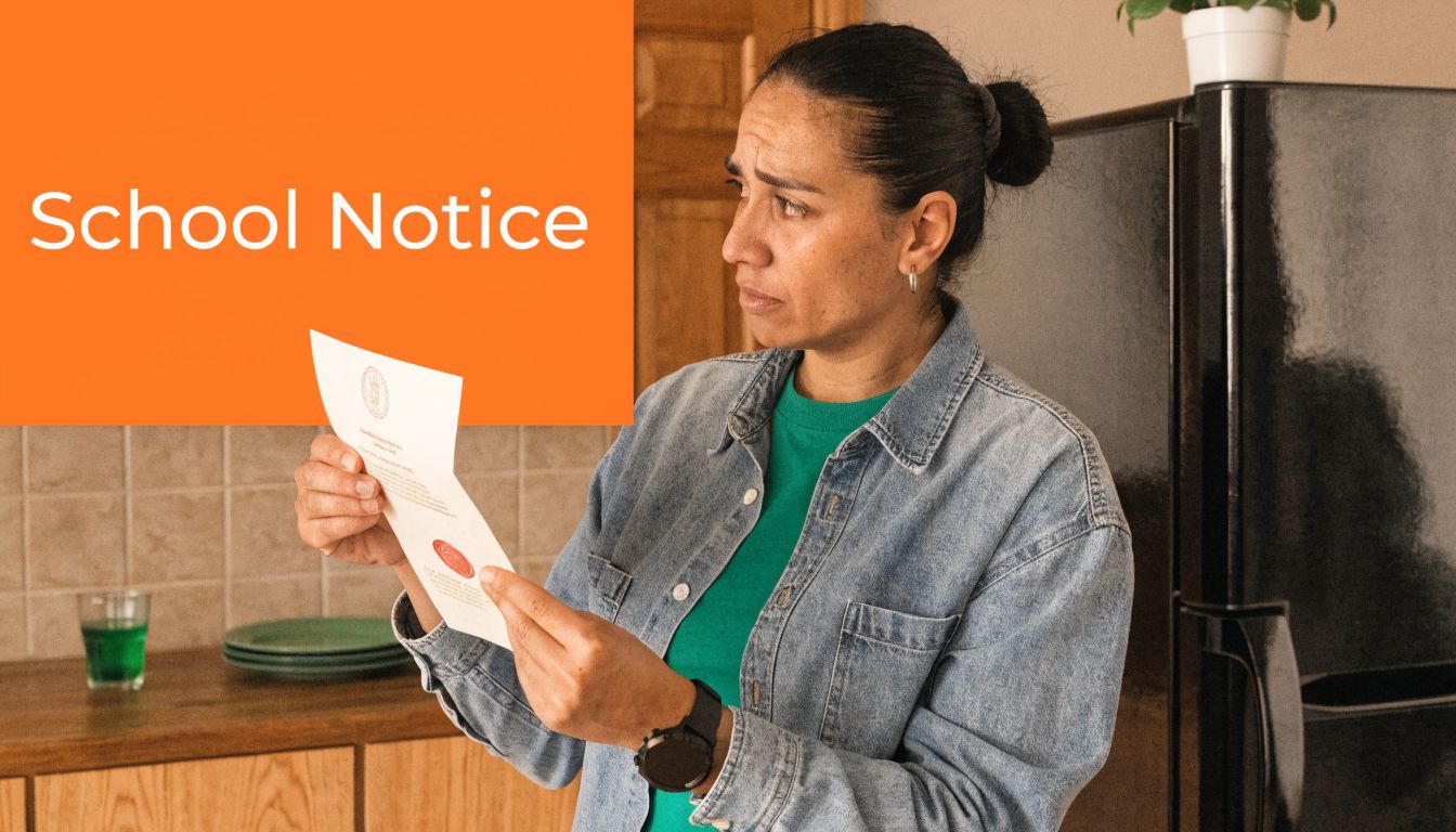 A concerned woman standing in a kitchen reading a formal letter labeled as a school notice.