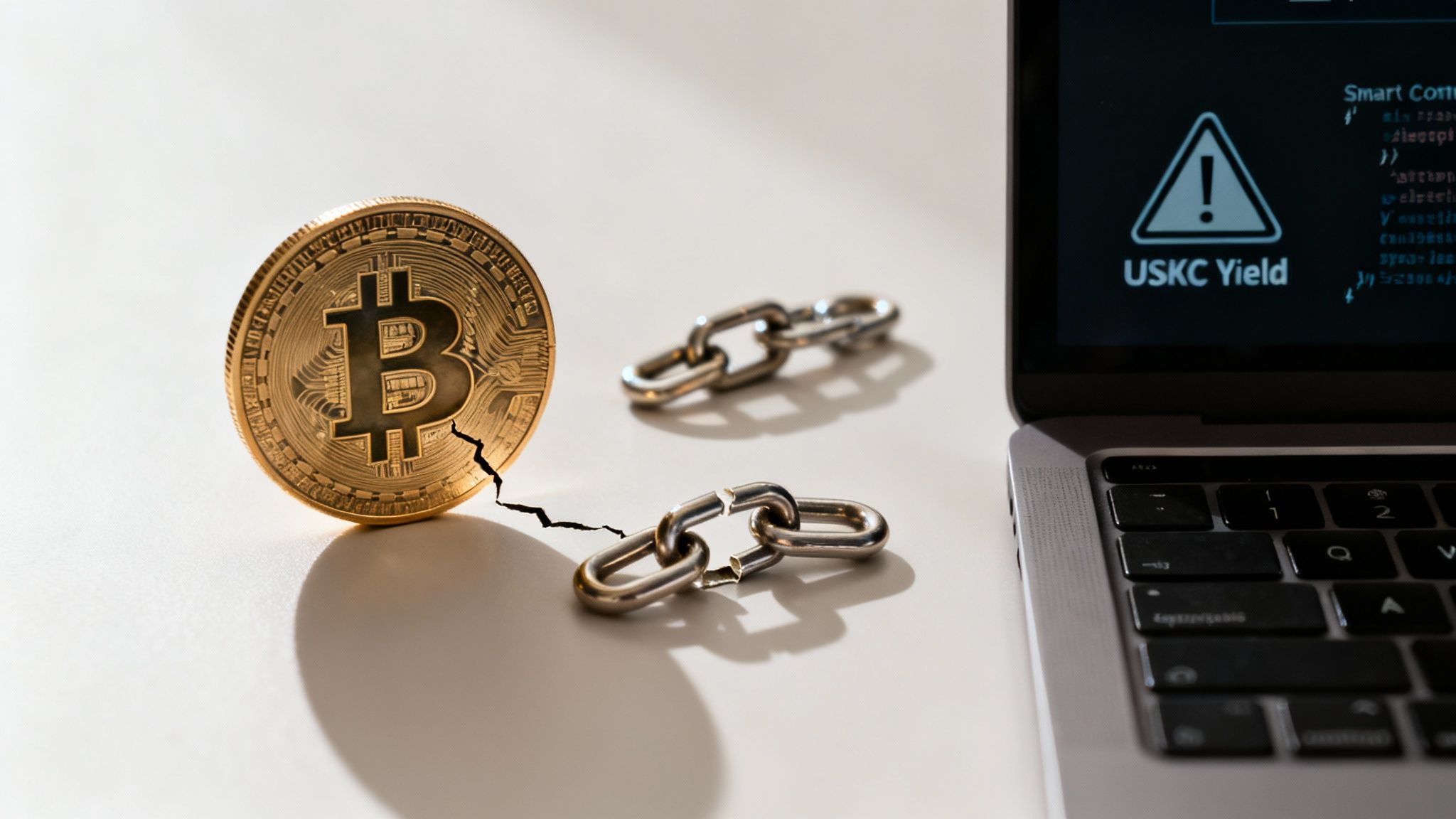 A cracked Bitcoin coin and a broken blockchain chain next to a laptop with a 'USKC Yield' warning.