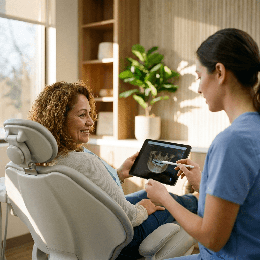 Satisfied patient displaying beautiful smile after successful dental implant treatment achieved through affordable financing options at Veda Family Dentistry in West New York.