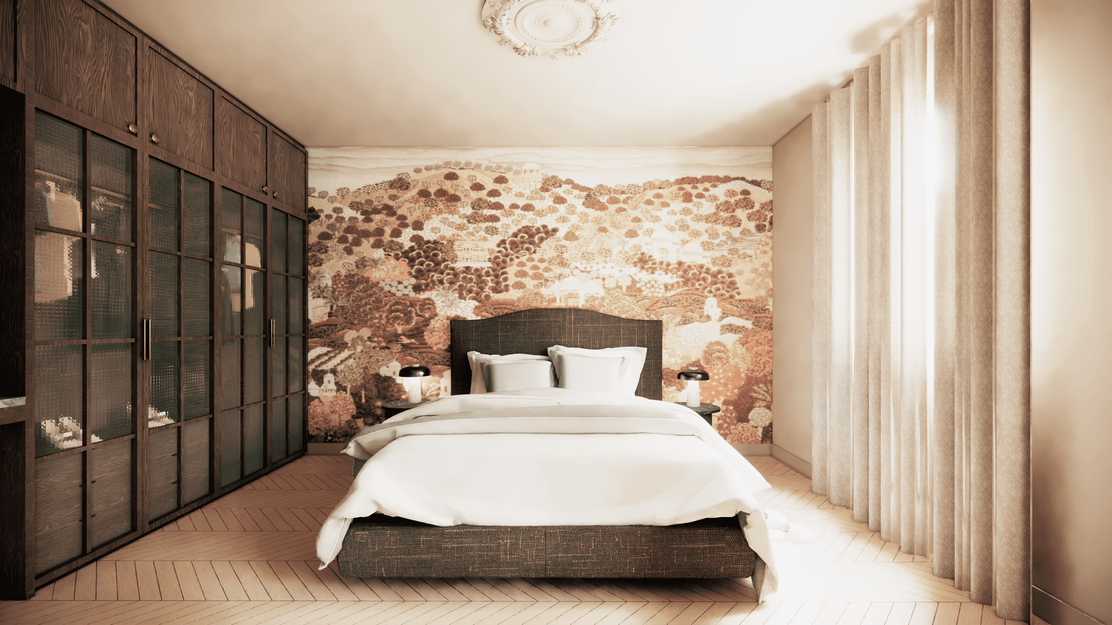 luxury bedroom in warm parisian design style.