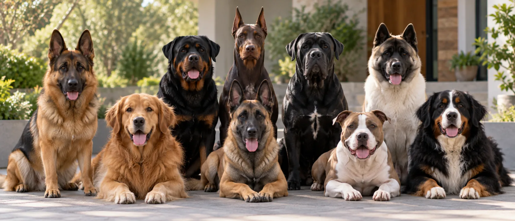 A lineup of large guard dog breeds sitting together outdoors.